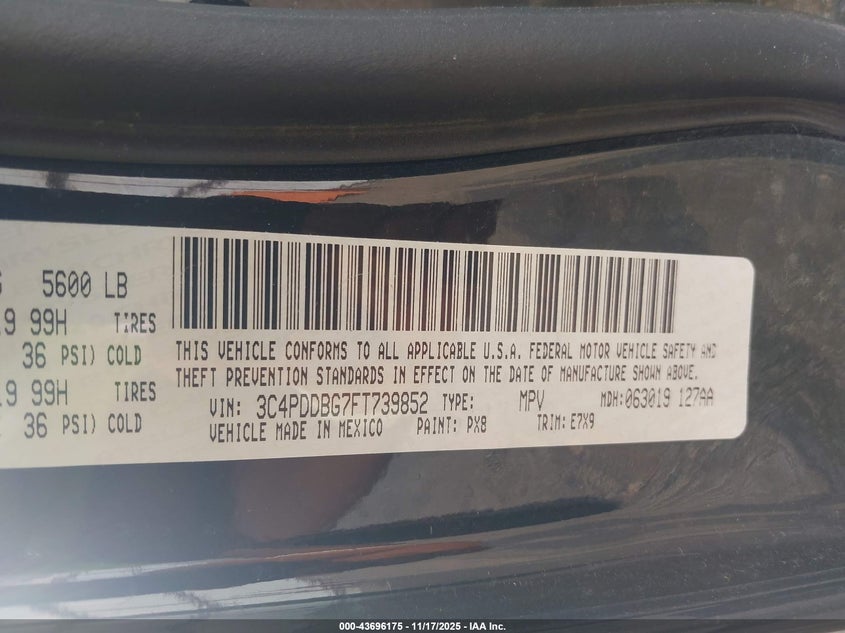 2015 Dodge Journey Sxt VIN: 3C4PDDBG7FT739852 Lot: 43696175