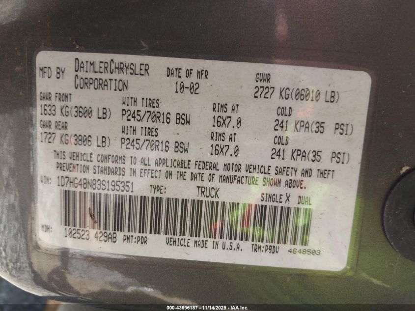 2003 Dodge Dakota Slt VIN: 1D7HG48N83S195351 Lot: 43696187