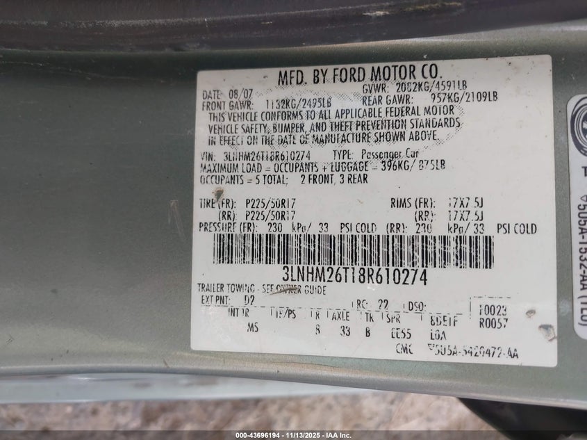 2008 Lincoln Mkz VIN: 3LNHM26T18R610274 Lot: 43696194