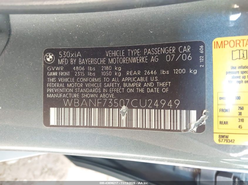2007 BMW 530Xi VIN: WBANF73507CU24949 Lot: 43696217