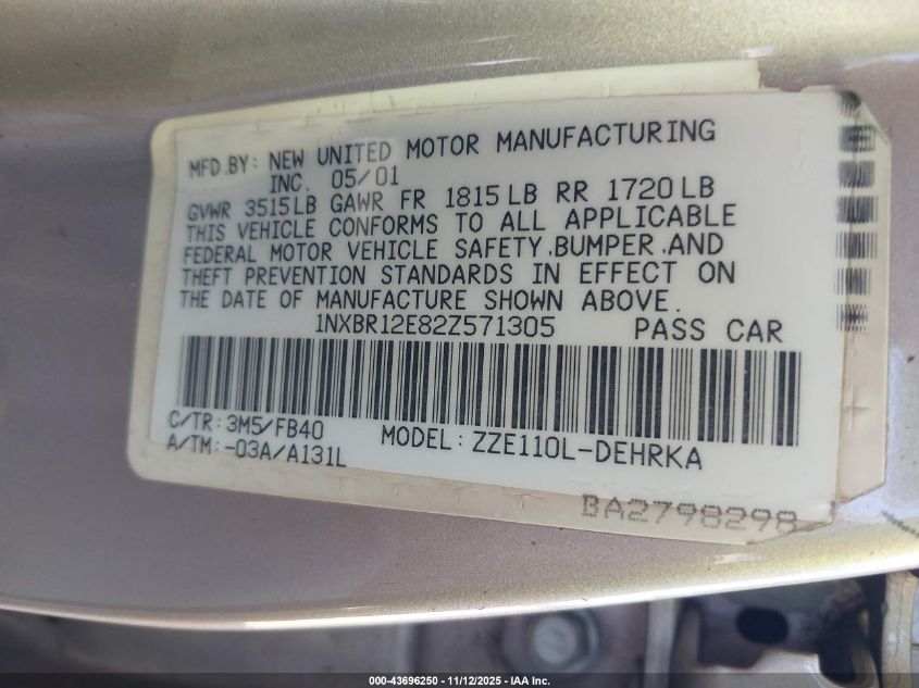 2002 Toyota Corolla Ce VIN: 1NXBR12E82Z571305 Lot: 43696250