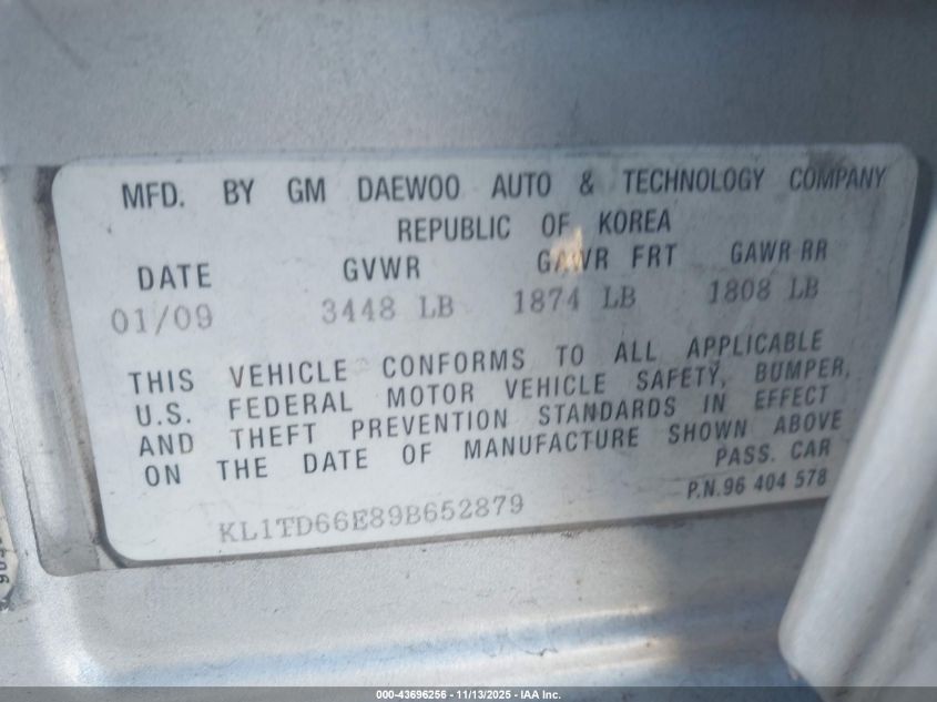 2009 Chevrolet Aveo Lt VIN: KL1TD66E89B652879 Lot: 43696256
