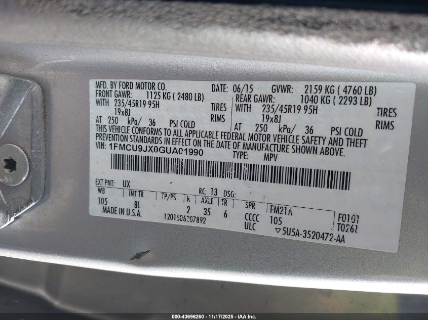 2016 Ford Escape Titanium VIN: 1FMCU9JX0GUA01990 Lot: 43696260