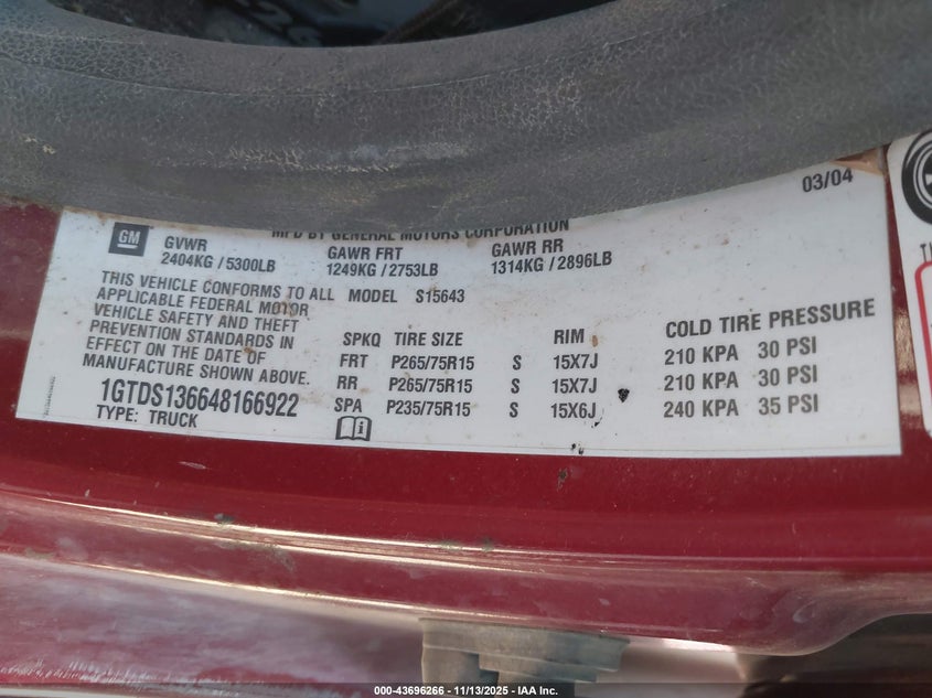 2004 GMC Canyon Sle VIN: 1GTDS136648166922 Lot: 43696266