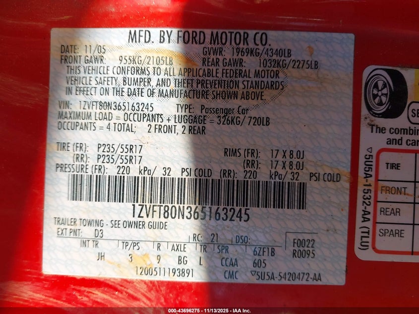 2006 Ford Mustang V6 VIN: 1ZVFT80N365163245 Lot: 43696275