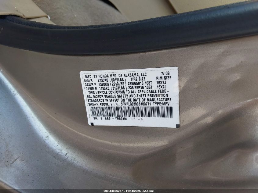 2008 Honda Odyssey Lx VIN: 5FNRL38298B109771 Lot: 43696277