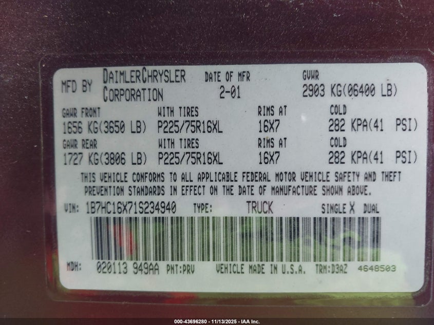 2001 Dodge Ram 1500 St/Ws VIN: 1B7HC16X71S234940 Lot: 43696280