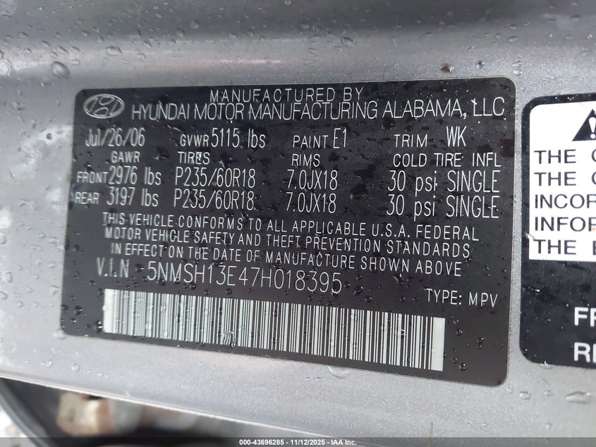 5NMSH13E47H018395 2007 HYUNDAI SANTA FE photo no. 9