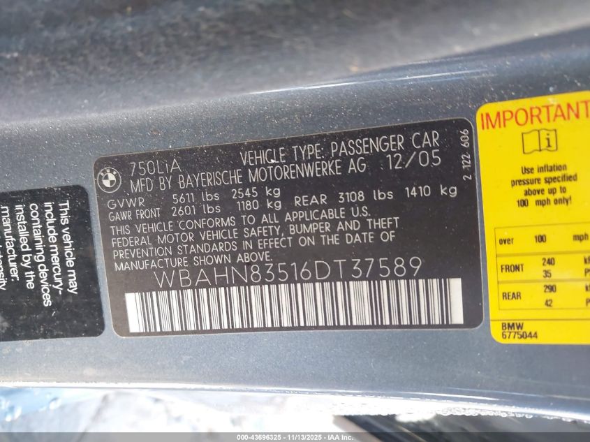2006 BMW 750Li VIN: WBAHN83516DT37589 Lot: 43696325