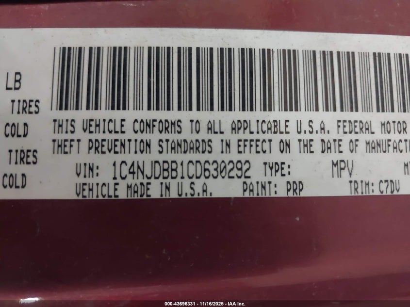 2012 Jeep Compass Sport VIN: 1C4NJDBB1CD630292 Lot: 43696331