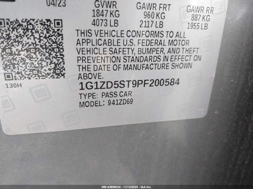 2023 Chevrolet Malibu Fwd 1Lt VIN: 1G1ZD5ST9PF200584 Lot: 43696334