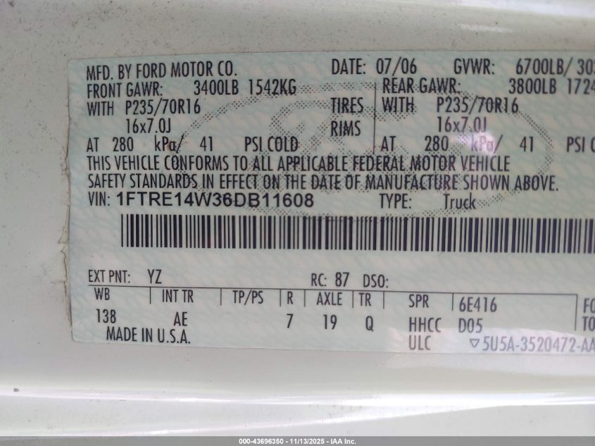 2006 Ford E-150 Commercial/Recreational VIN: 1FTRE14W36DB11608 Lot: 43696350