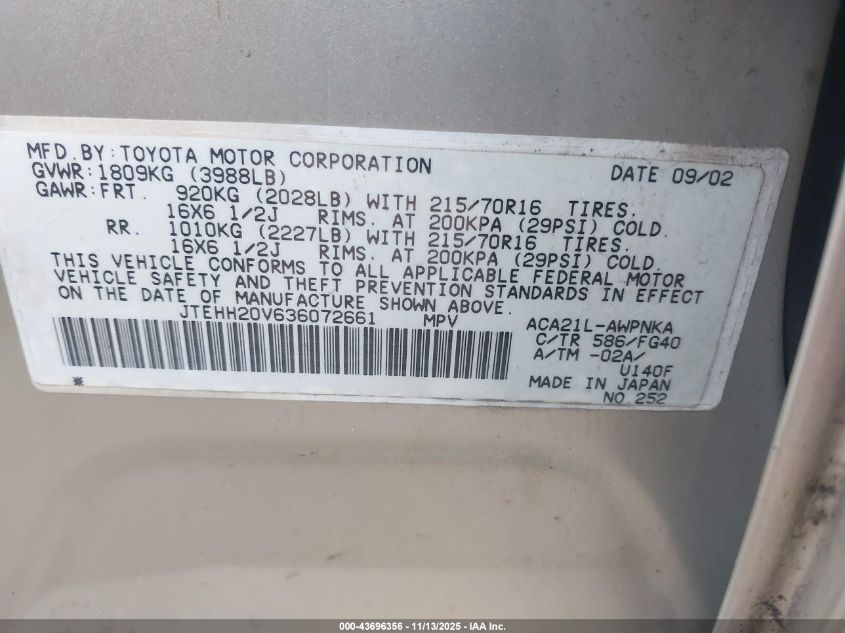 2003 Toyota Rav4 VIN: JTEHH20V636072661 Lot: 43696356