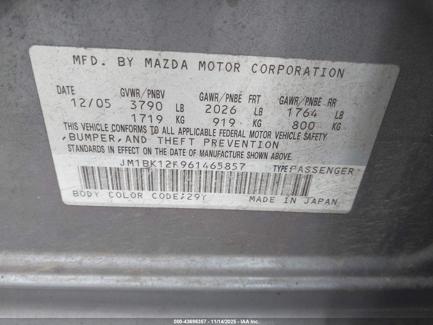 2006 Mazda Mazda3 I VIN: JM1BK12F961465857 Lot: 43696357