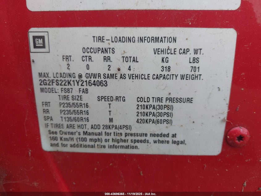 2000 Pontiac Firebird VIN: 2G2FS22K1Y2164063 Lot: 43696365