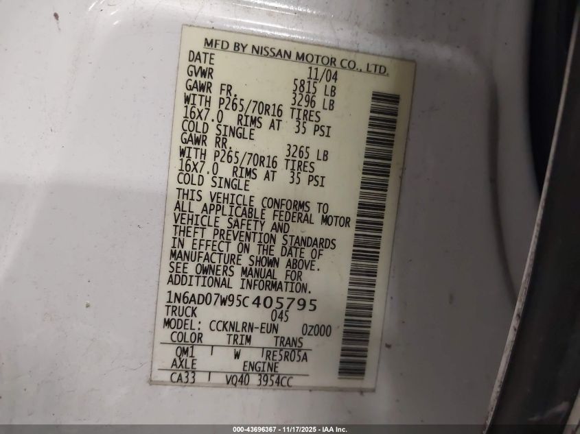 2005 Nissan Frontier Se VIN: 1N6AD07W95C405795 Lot: 43696367