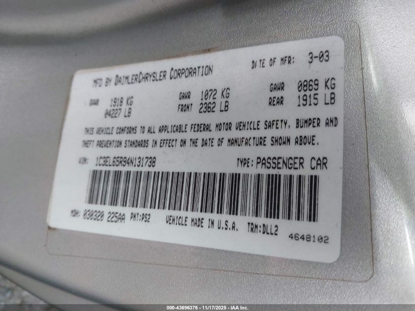 2004 Chrysler Sebring Limited VIN: 1C3EL65R94N131738 Lot: 43696376