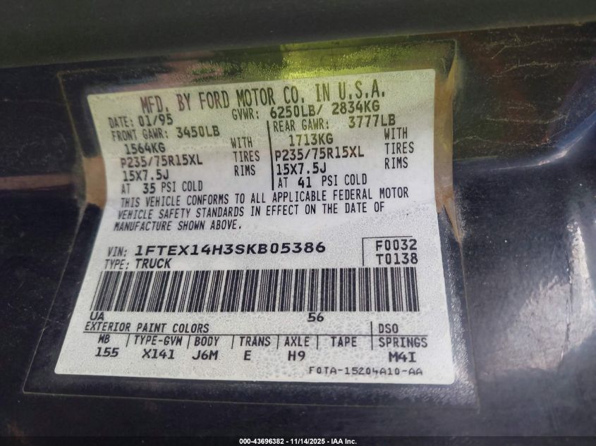 1995 Ford F150 VIN: 1FTEX14H3SKB05386 Lot: 43696382