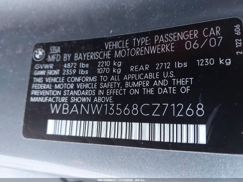 2008 BMW 535I VIN: WBANW13568CZ71268 Lot: 43696413