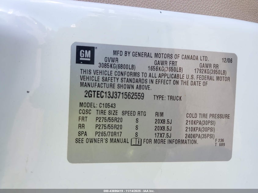 2007 GMC Sierra 1500 Slt VIN: 2GTEC13J371562559 Lot: 43696419