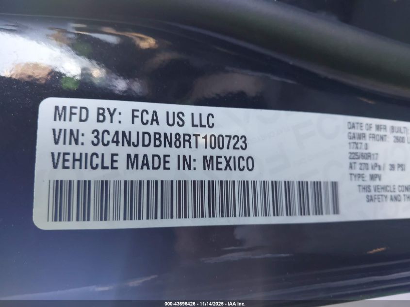 2024 Jeep Compass Latitude 4X4 VIN: 3C4NJDBN8RT100723 Lot: 43696426