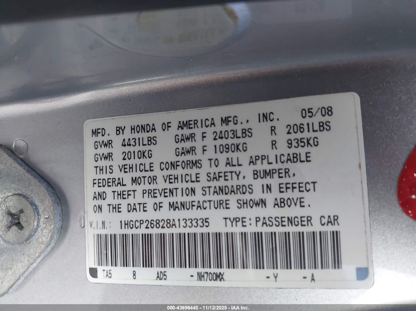 2008 Honda Accord 2.4 Ex-L VIN: 1HGCP26828A133335 Lot: 43696440