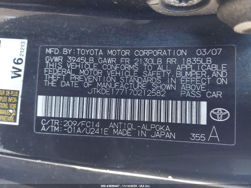 2007 Scion Tc VIN: JTKDE177170212582 Lot: 43696467