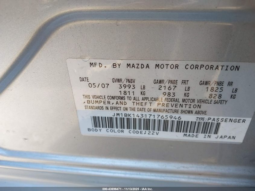 2007 Mazda Mazda3 S Sport VIN: JM1BK143171765946 Lot: 43696471