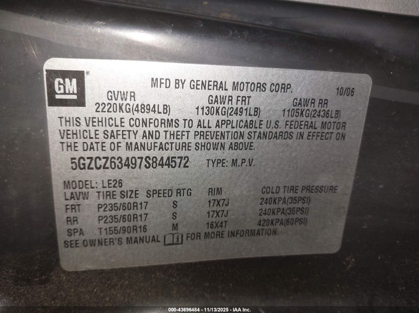 2007 Saturn Vue V6 VIN: 5GZCZ63497S844572 Lot: 43696484