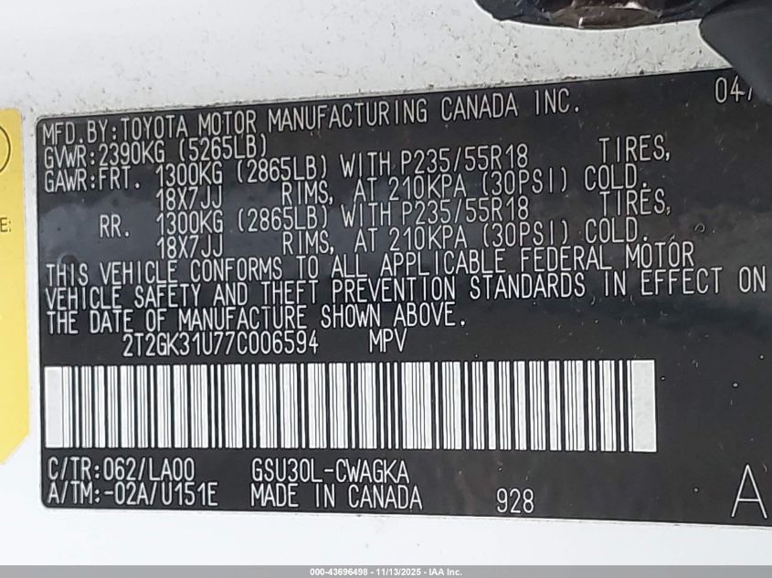 2007 Lexus Rx 350 VIN: 2T2GK31U77C006594 Lot: 43696498