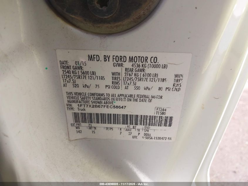 2015 Ford F-250 Xl VIN: 1FT7X2B67FEC58647 Lot: 43696505