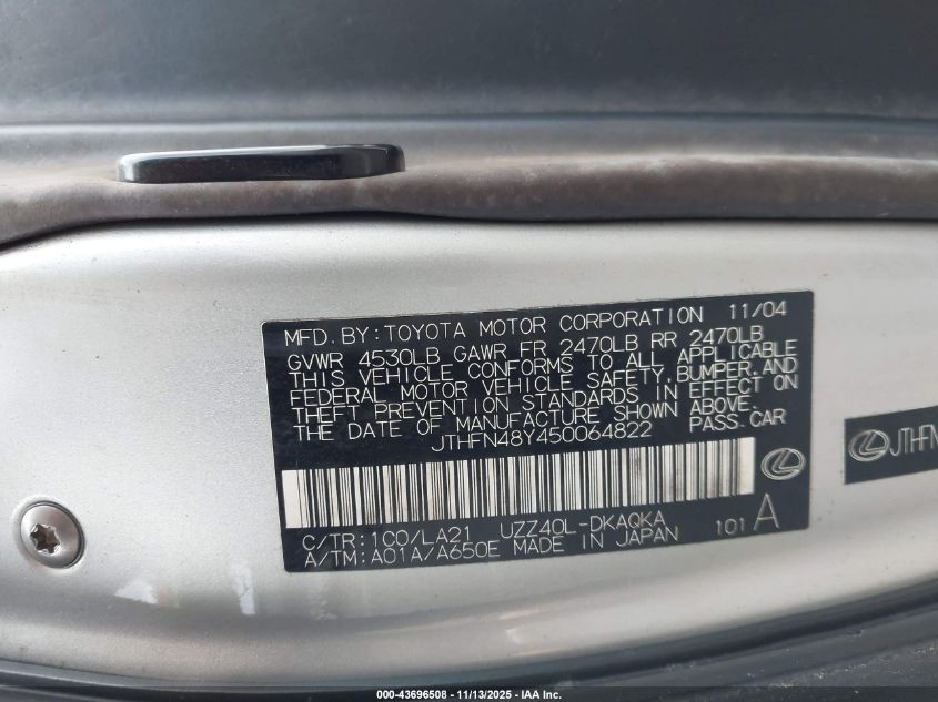 2005 Lexus Sc 430 VIN: JTHFN48Y450064822 Lot: 43696508