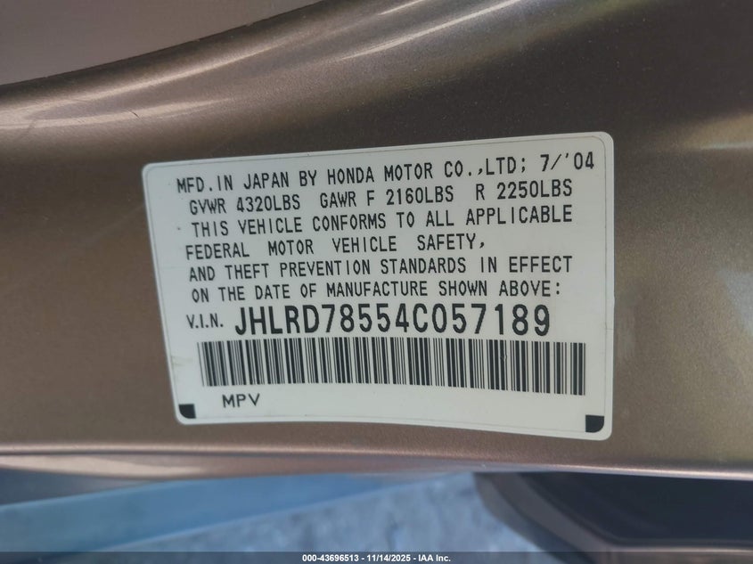 2004 Honda Cr-V Lx VIN: JHLRD78554C057189 Lot: 43696513
