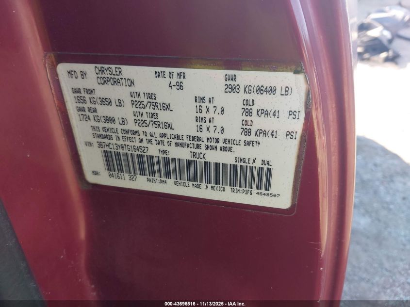1996 Dodge Ram 1500 VIN: 3B7HC13Y0TG164527 Lot: 43696516