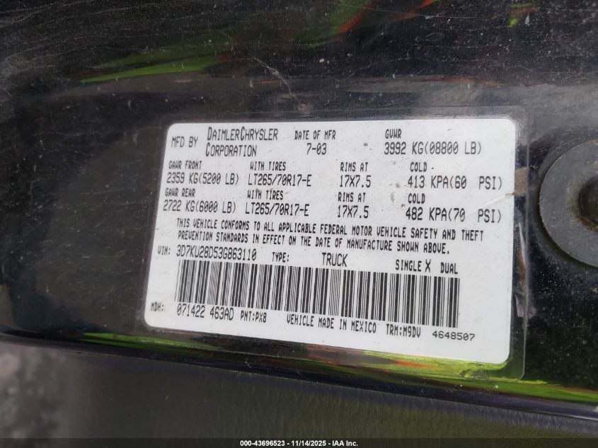 2003 Dodge Ram 2500 Slt/Laramie/St VIN: 3D7KU28D53G863110 Lot: 43696523