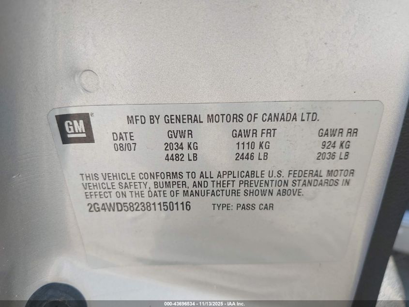 2008 Buick Lacrosse Cxl VIN: 2G4WD582381150116 Lot: 43696534