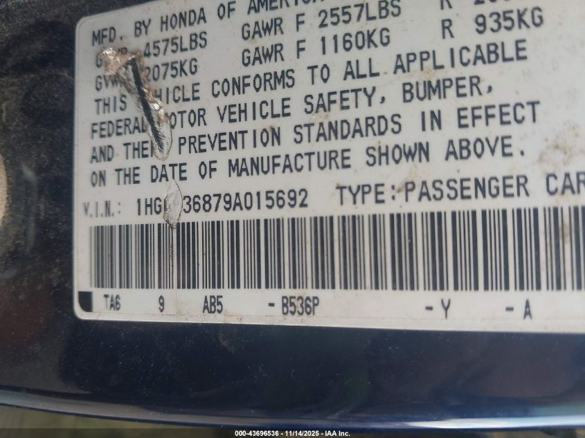 2009 Honda Accord 3.5 Ex-L VIN: 1HGCP36879A015692 Lot: 43696536