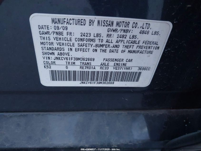 2009 Infiniti G37X VIN: JNKCV61F39M362669 Lot: 43696537