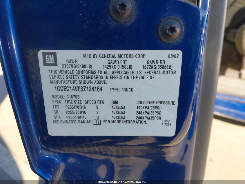 2003 Chevrolet Silverado 1500 Ls VIN: 1GCEC14V03Z124164 Lot: 43696540