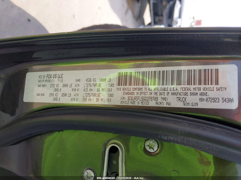 2016 Ram 2500 Laramie VIN: 3C6UR5FL5GG379709 Lot: 43696549