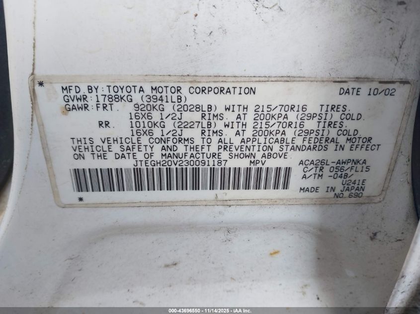 2003 Toyota Rav4 VIN: JTEGH20V230091187 Lot: 43696550