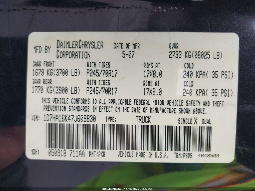 2007 Dodge Ram 1500 St VIN: 1D7HA16K47J609830 Lot: 43696563