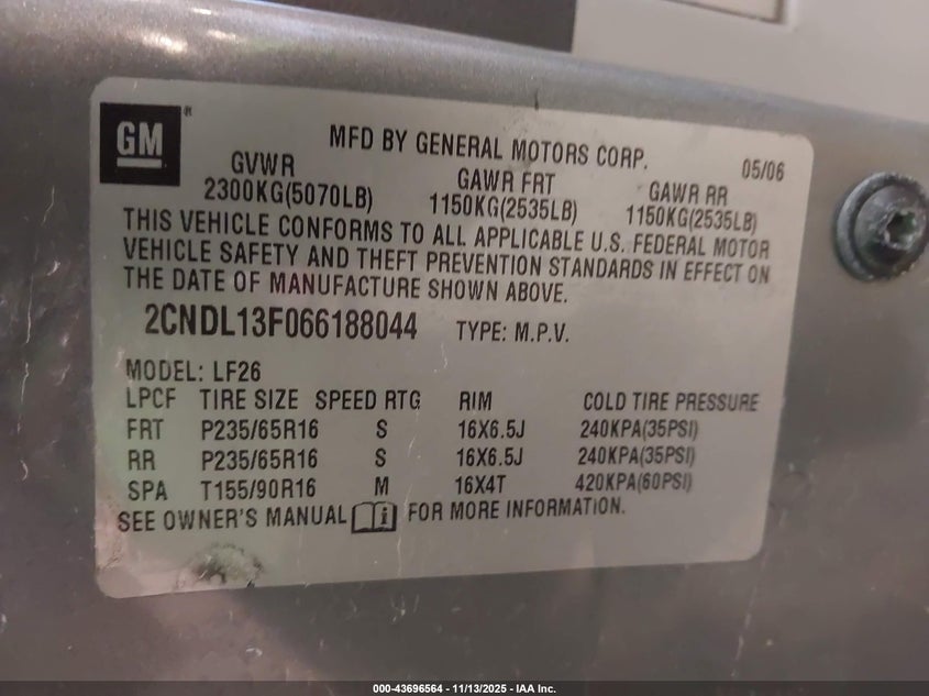 2006 Chevrolet Equinox Ls VIN: 2CNDL13F066188044 Lot: 43696564