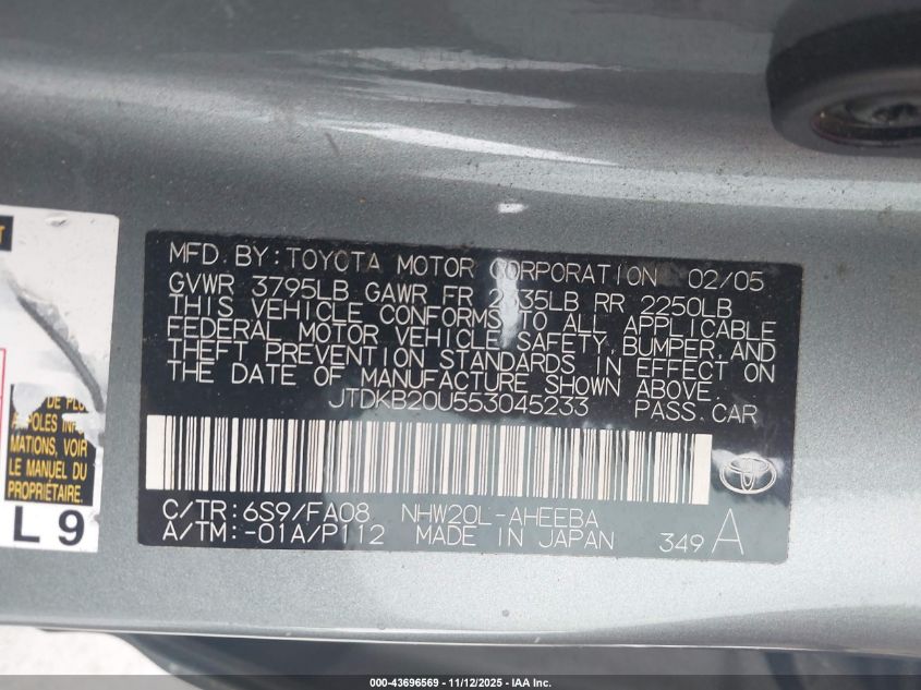 2005 Toyota Prius VIN: JTDKB20U553045233 Lot: 43696569