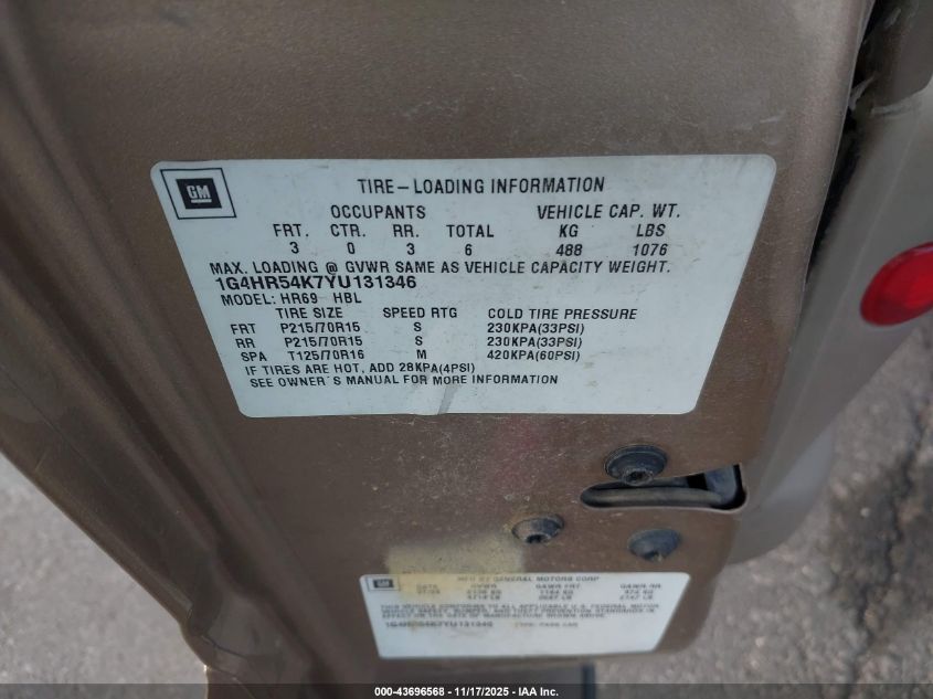 2000 Buick Lesabre Limited VIN: 1G4HR54K7YU131346 Lot: 43696568