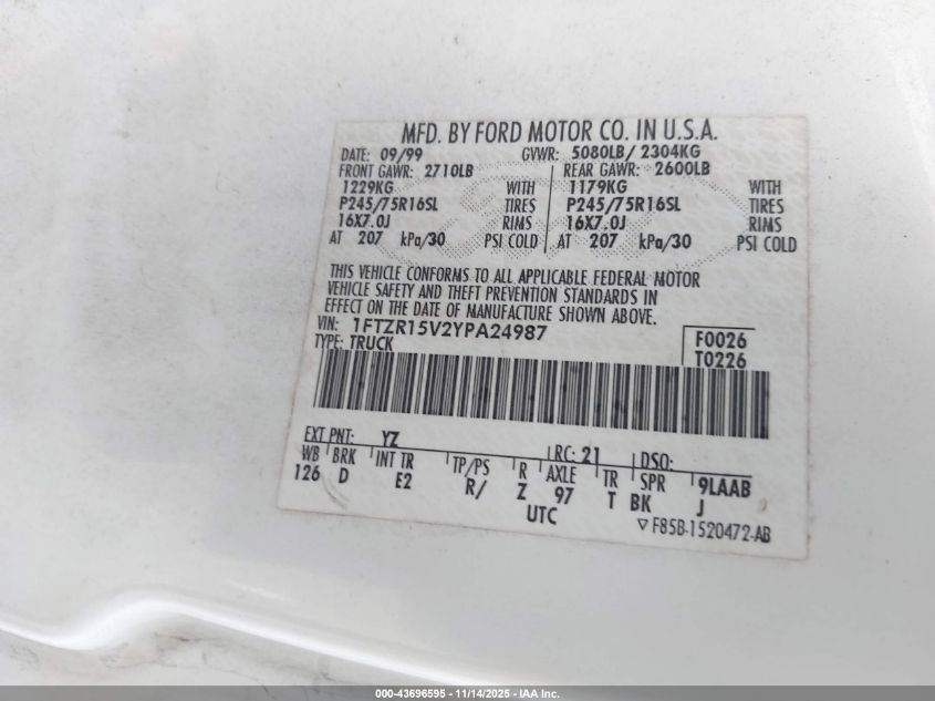 2000 Ford Ranger Xl/Xlt VIN: 1FTZR15V2YPA24987 Lot: 43696595