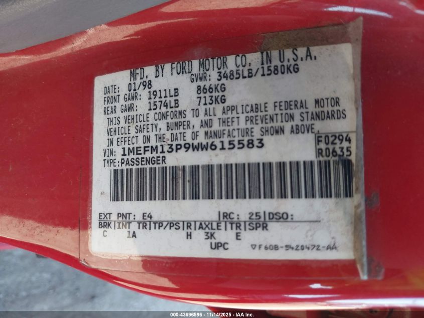 1998 Mercury Tracer Ls VIN: 1MEFM13P9WW615583 Lot: 43696596
