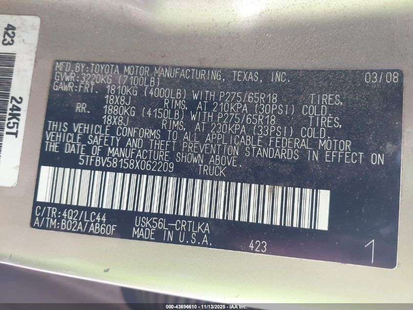 2008 Toyota Tundra Limited 5.7L V8 VIN: 5TFBV58158X062209 Lot: 43696610