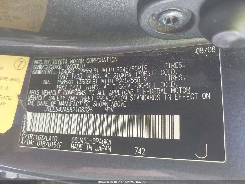 2008 Toyota Highlander Limited VIN: JTEES42A882108326 Lot: 43696613