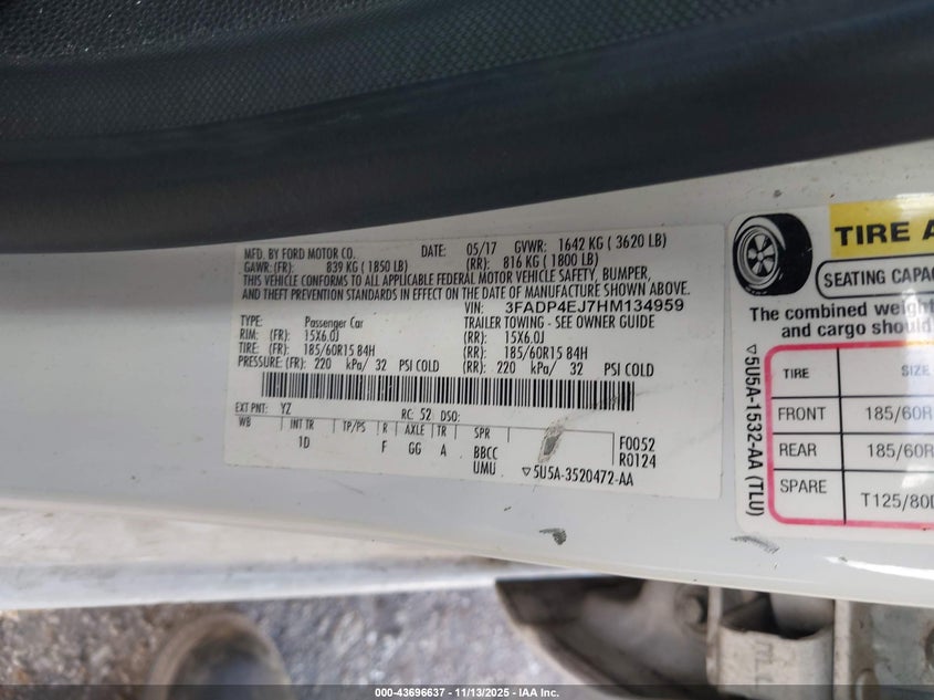 2017 Ford Fiesta Se VIN: 3FADP4EJ7HM134959 Lot: 43696637